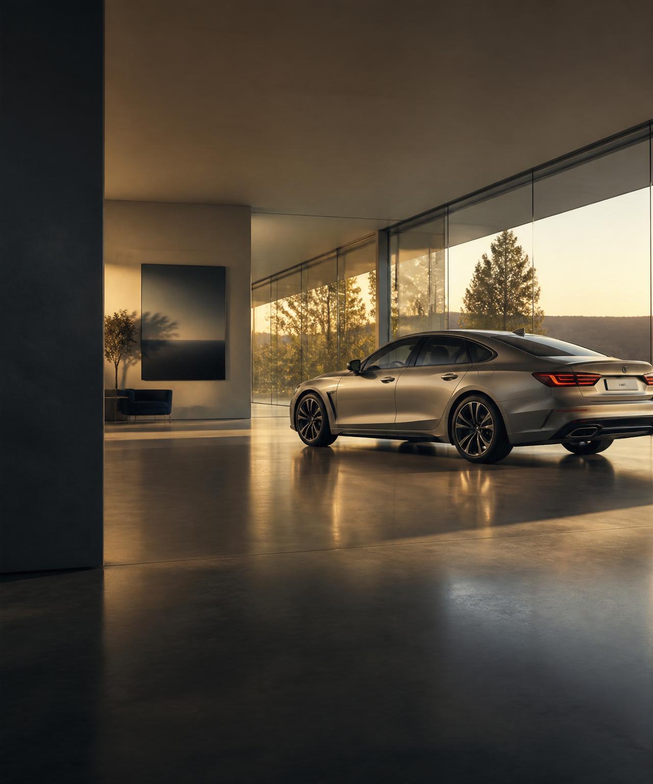 Modern dealership showroom at golden hour with a single luxury sedan
